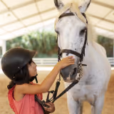 Kind streichelt ein weißes Pony auf dem Ponyhof