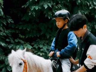 Kind mit Reithelm und Sicherheitsweste sitzt auf einem weißen Pony, ein Erwachsener führt und sichert es