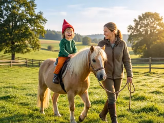 Kind erlebt geführtes Ponyreiten mit einem ruhigen Pony.