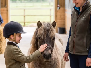 Kind steht ruhig neben einem kleinen Pony und hält den Führstrick locker in der Hand