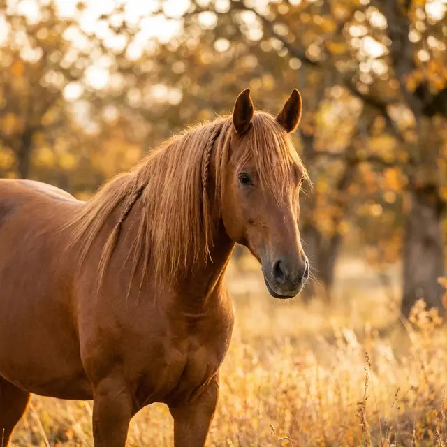 Kind in warmer Jacke streicht Pony an einem herbstlichen Tag