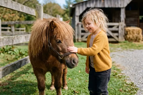 Kind lehnt sich ruhig an ein Pony auf dem Hof in Renningen.