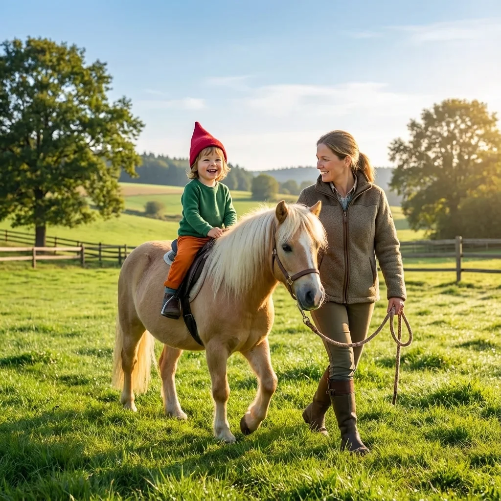 Kind erlebt geführtes Ponyreiten mit einem ruhigen Pony.