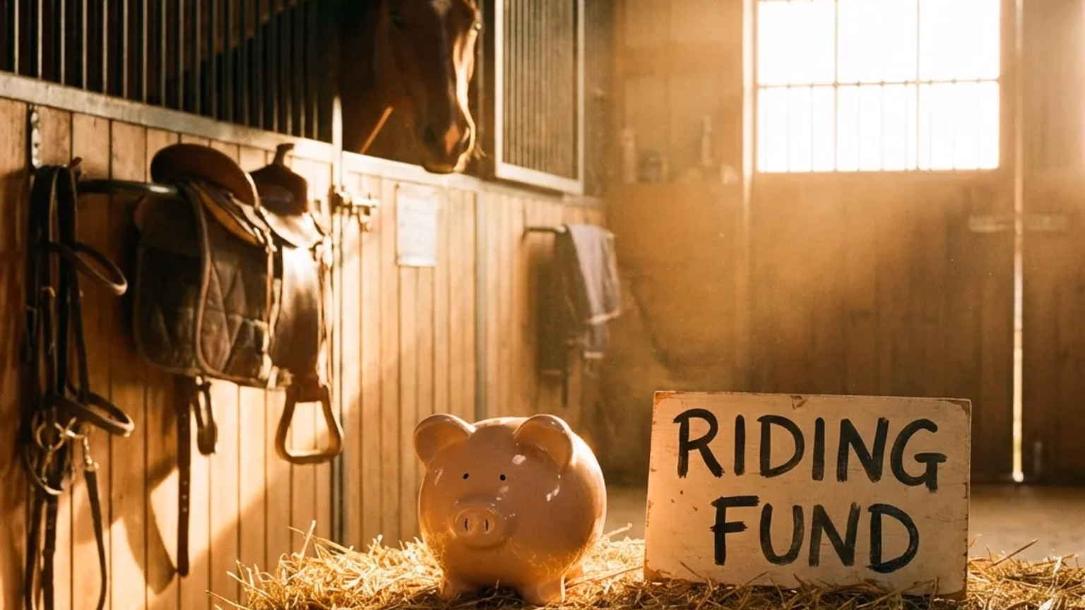 Sparschwein im Stall auf einem Heuballen neben einem Riding-Fund-Schild