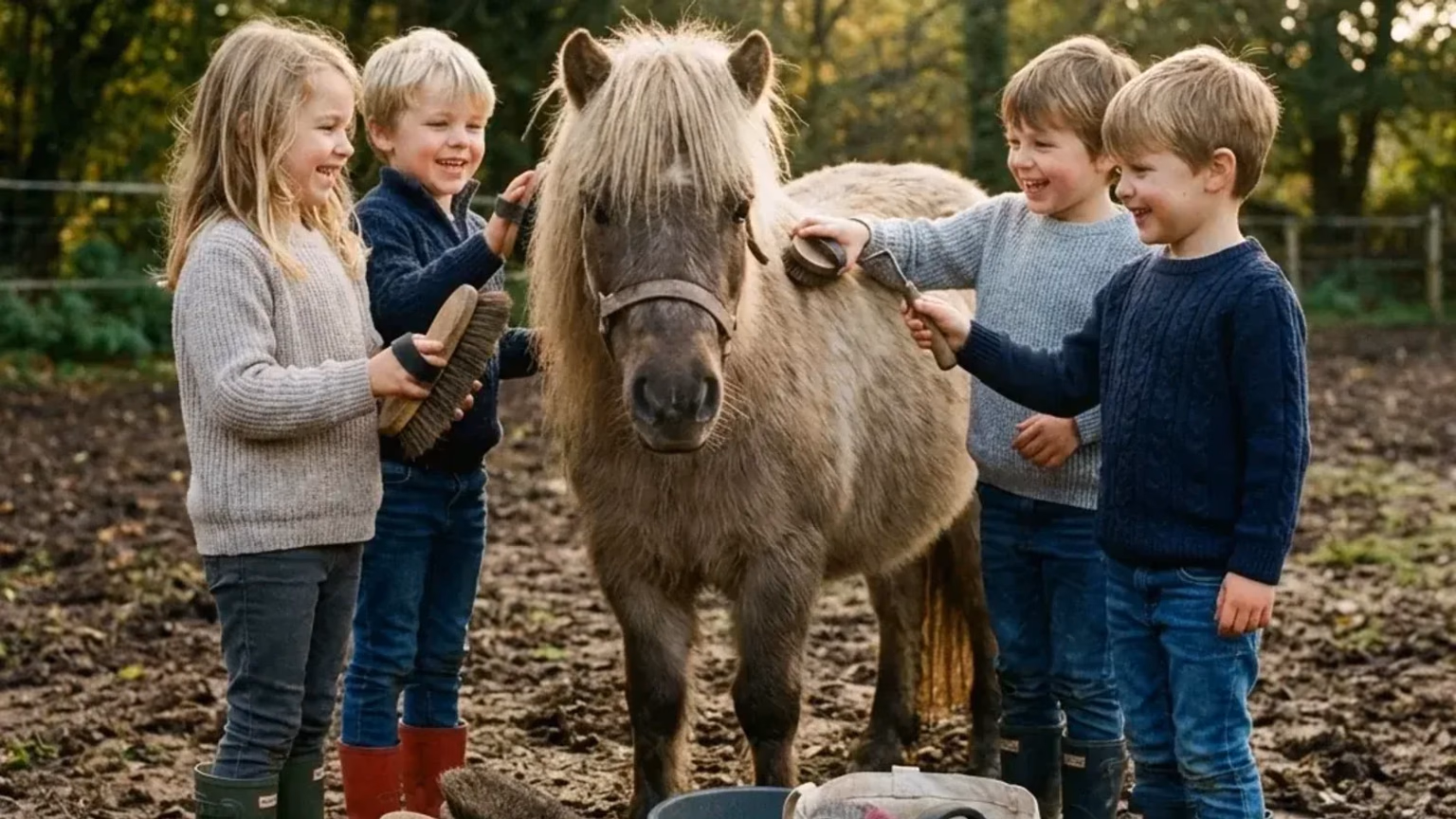 Gruppe Kinder putzt gemeinsam ein Pony auf einer sommerlichen Koppel