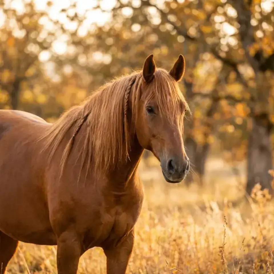 Kind in warmer Jacke streicht Pony an einem herbstlichen Tag