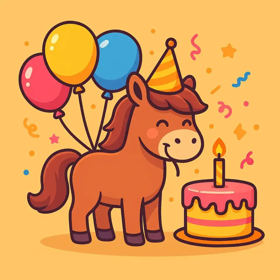 Kinder halten Ponys an der Hand, Luftballons im Hintergrund