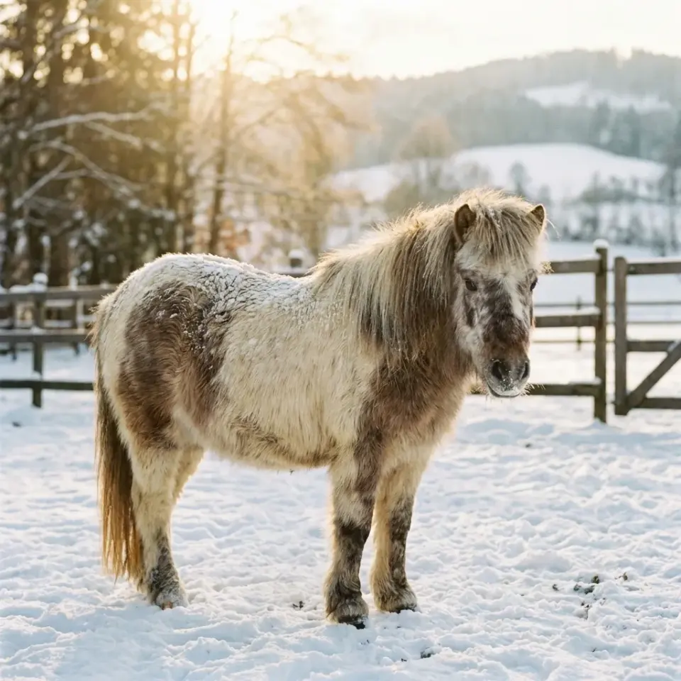 Ein Pferd steht im winterlichen Schnee.