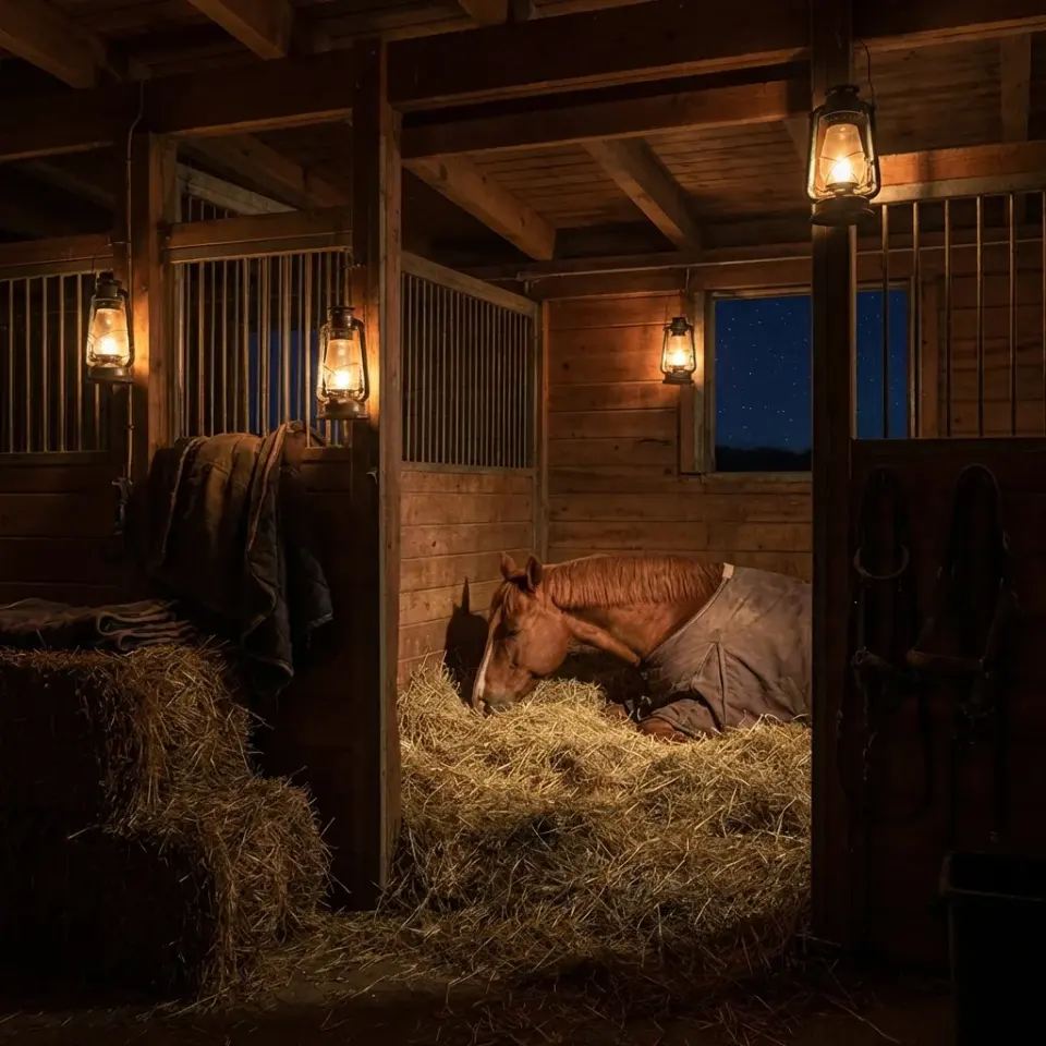 Pferde im Stall bei Nacht an Silvester