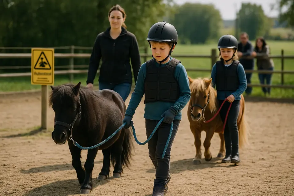 Ein Kind trägt Schutzkleidung auf dem Ponyhof.