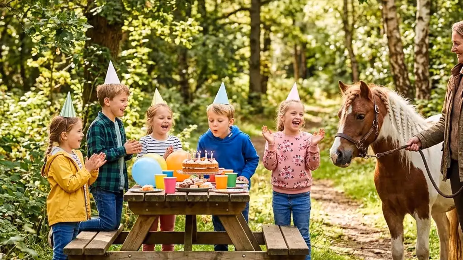 Kinder feiern einen Geburtstag draußen auf einer Wiese