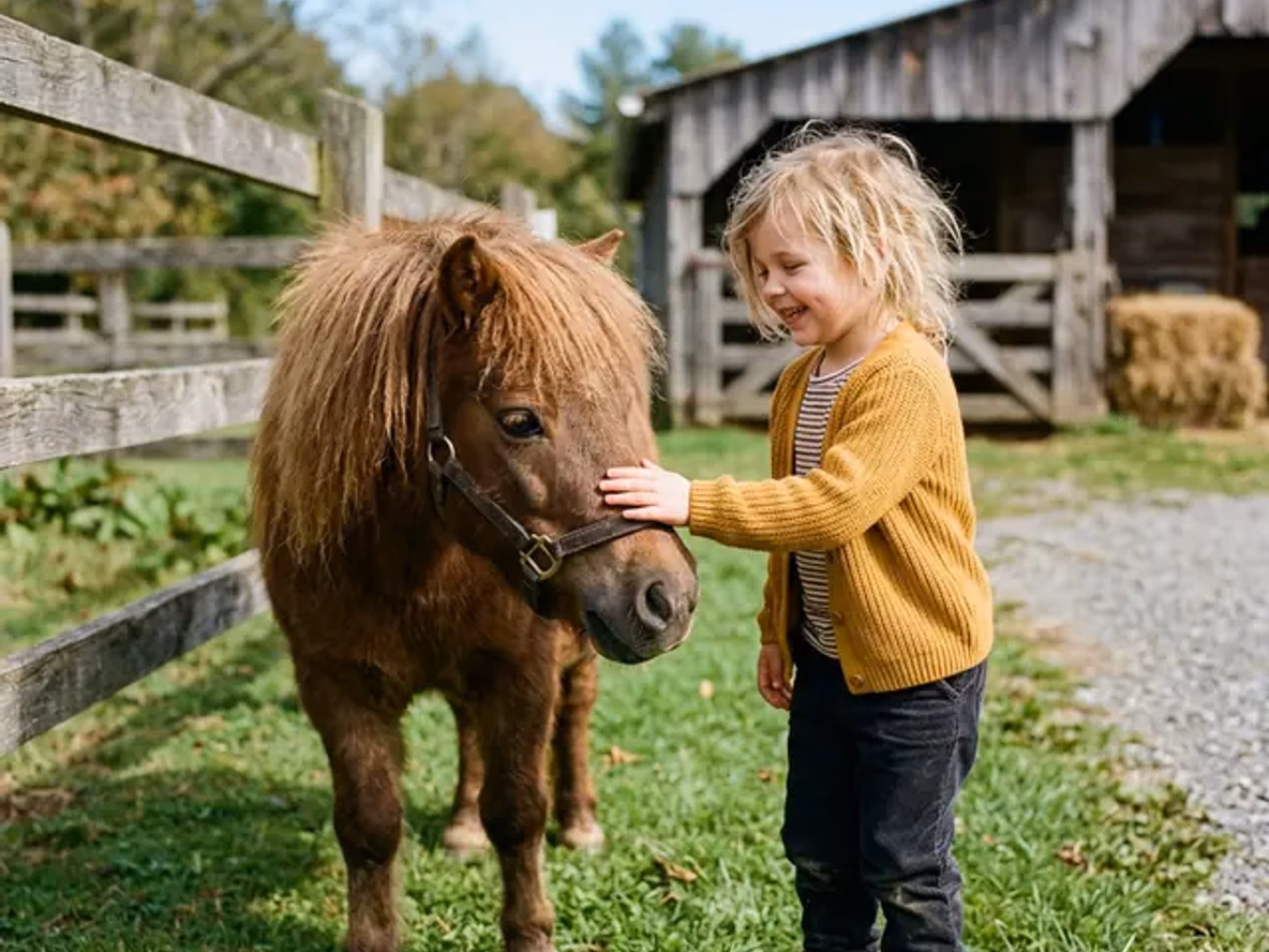 Kind lehnt sich ruhig an ein Pony bei der pferdegestützten Frühförderung