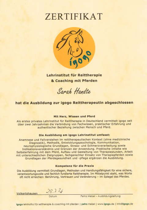 Zertifikat des IGOGO-Lehrinstituts über die abgeschlossene Ausbildung von Sarah Handte zur Reittherapeutin, ausgestellt im Juli 2026
