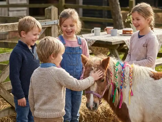 Kinder feiern einen Pony-Kindergeburtstag auf dem Hof in Renningen und streicheln gemeinsam ein Pony.