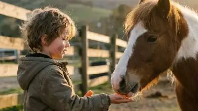 Kind hält einem Pony ein Leckerli auf der flachen Hand hin