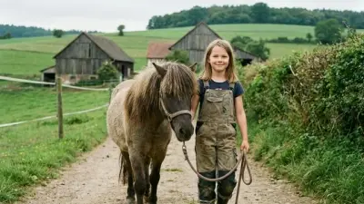 Kind führt ein Pony entspannt am Strick über den Hof
