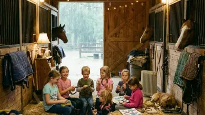 Kinder sitzen bei Regenwetter gemütlich in der Stallgasse eines Ponyhofs zusammen