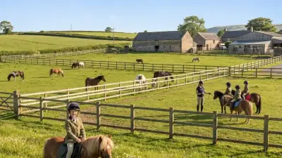 Zwei Kinder mit Ponys in unterschiedlichen Situationen