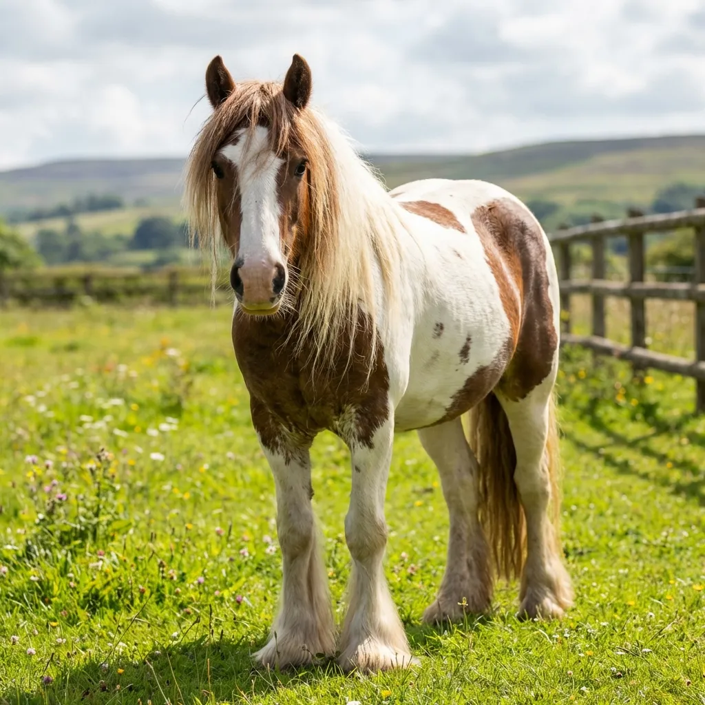 Ein prachtvoller schwarz-weißer Tinker mit langer Mähne auf einer Weide