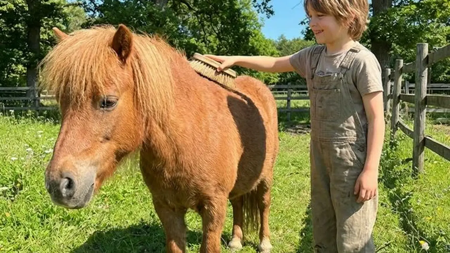 Ein achtjähriges Kind putzt an einem sonnigen Tag ein braunes Pony mit einer Wurzelbürste