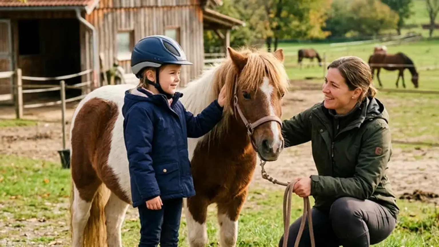 Ein Kind mit Reithelm lernt bei einer ersten Schnupperstunde ein Pony kennen