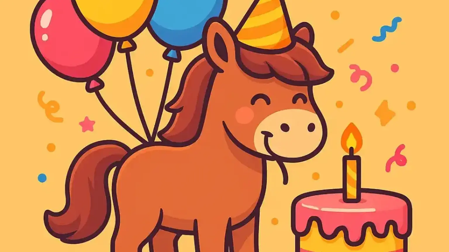 Kinder halten Ponys an der Hand, Luftballons im Hintergrund