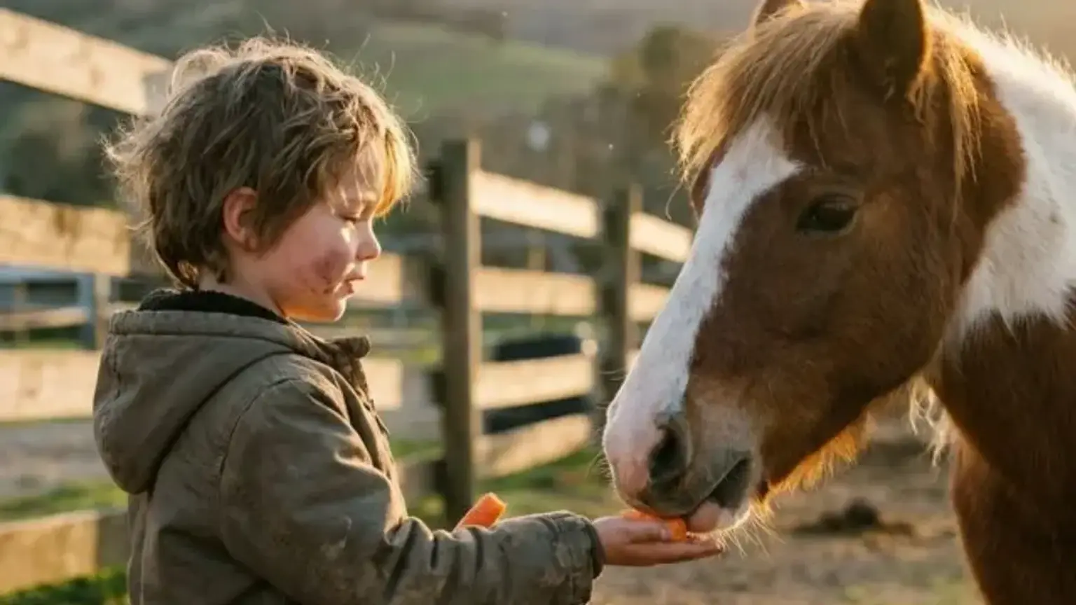 Kind hält einem Pony ein Leckerli auf der flachen Hand hin