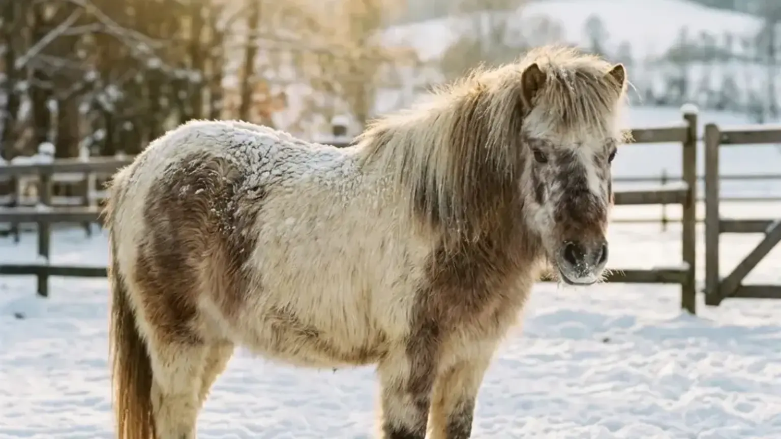 Ein Pferd steht im winterlichen Schnee.