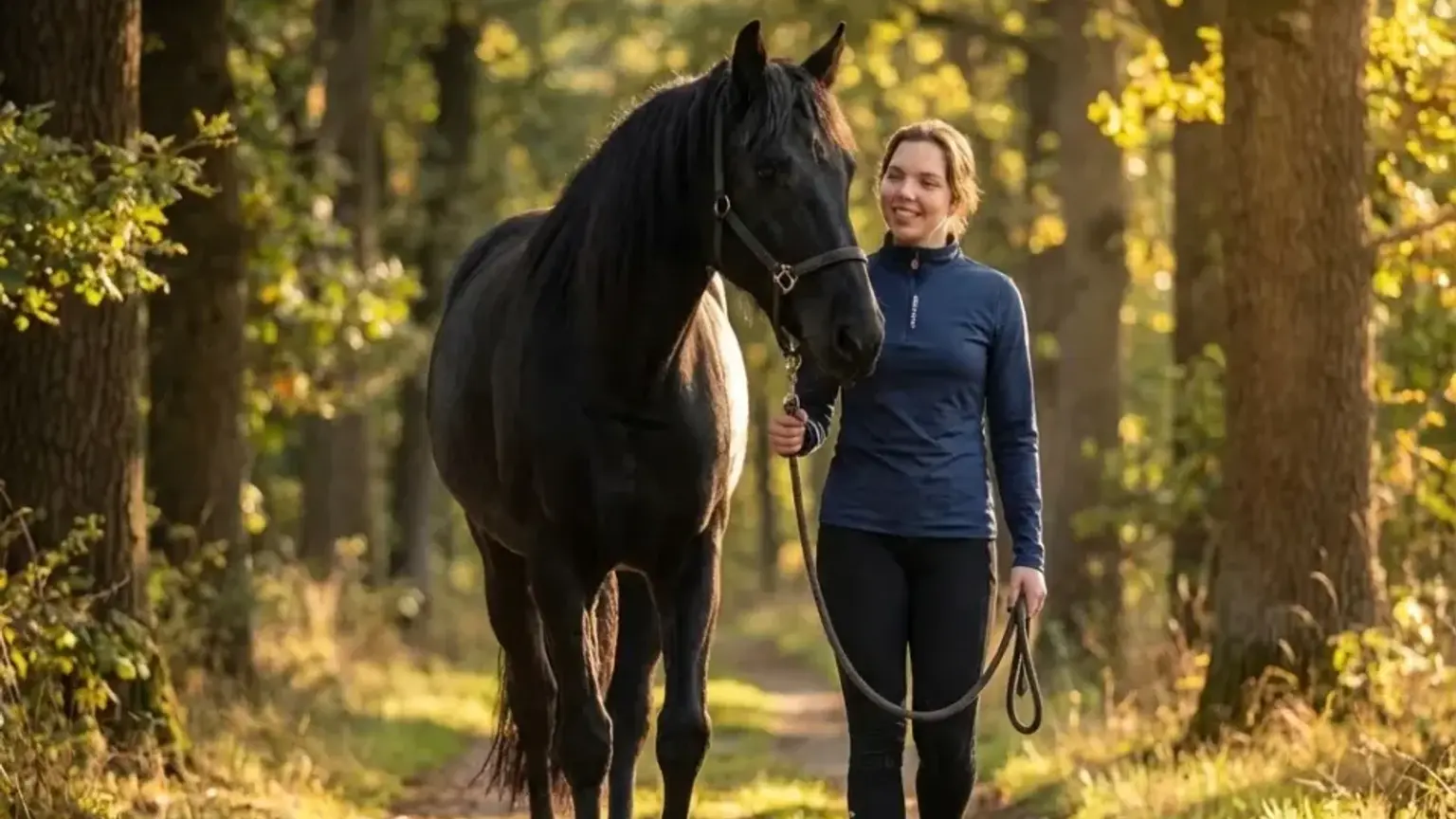 Eine Reittherapeutin und ein Therapiepferd gehen gemeinsam einen friedlichen Waldweg entlang.