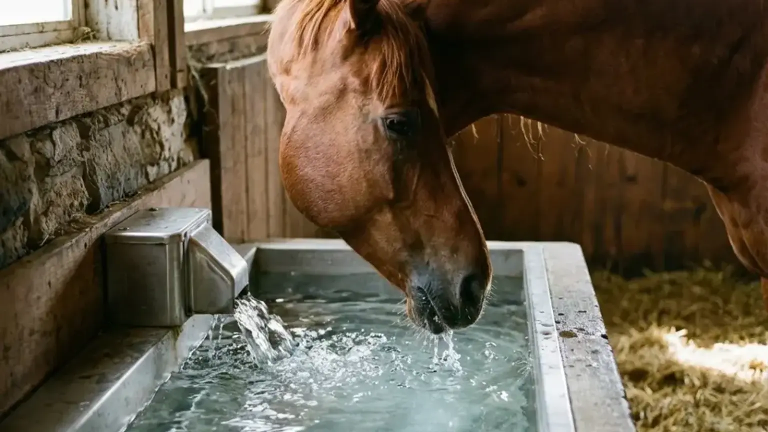 Pferd trinkt aus einer sauberen Wassertränke