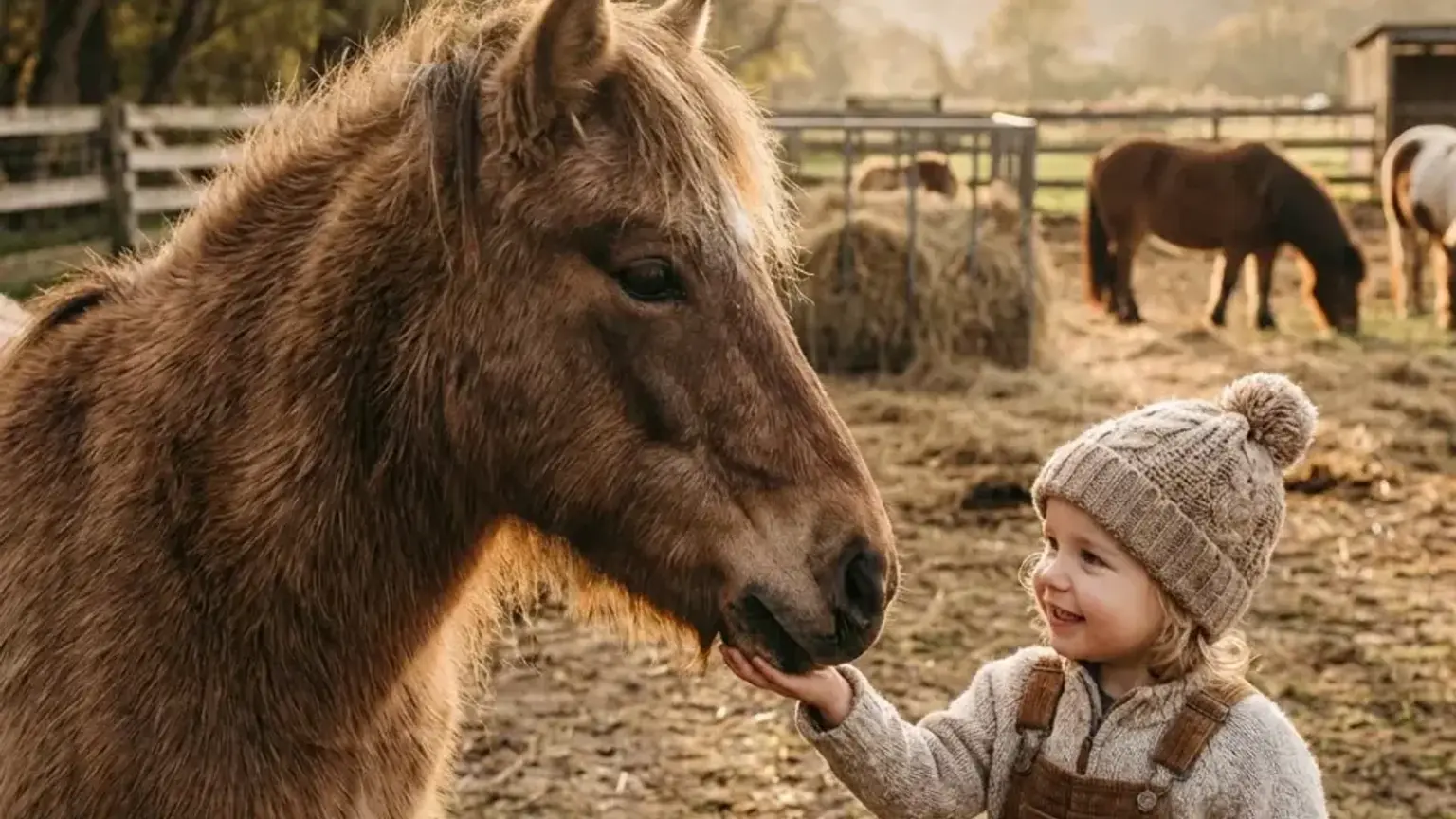 Ein geduldiges braunes Pony steht ruhig neben einem lächelnden Kind auf dem Ponyhof.
