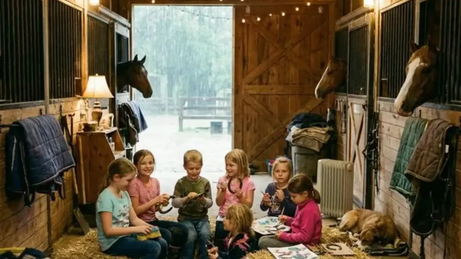 Kinder sitzen bei Regenwetter gemütlich in der Stallgasse eines Ponyhofs zusammen