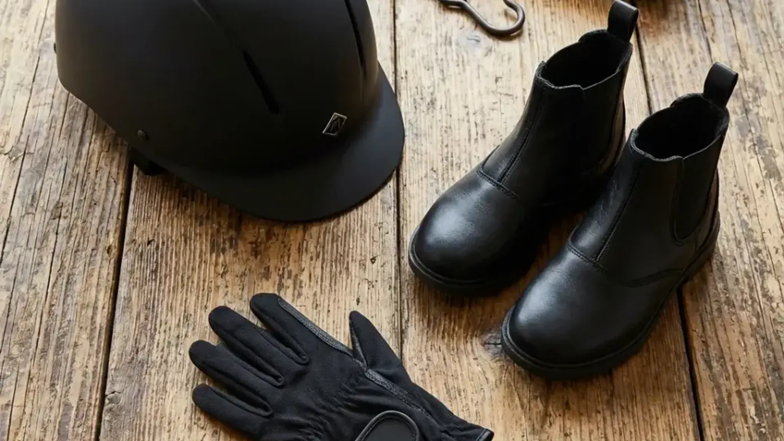 Kind in kompletter Reitausrüstung mit Helm und Sicherheitsweste im Stall