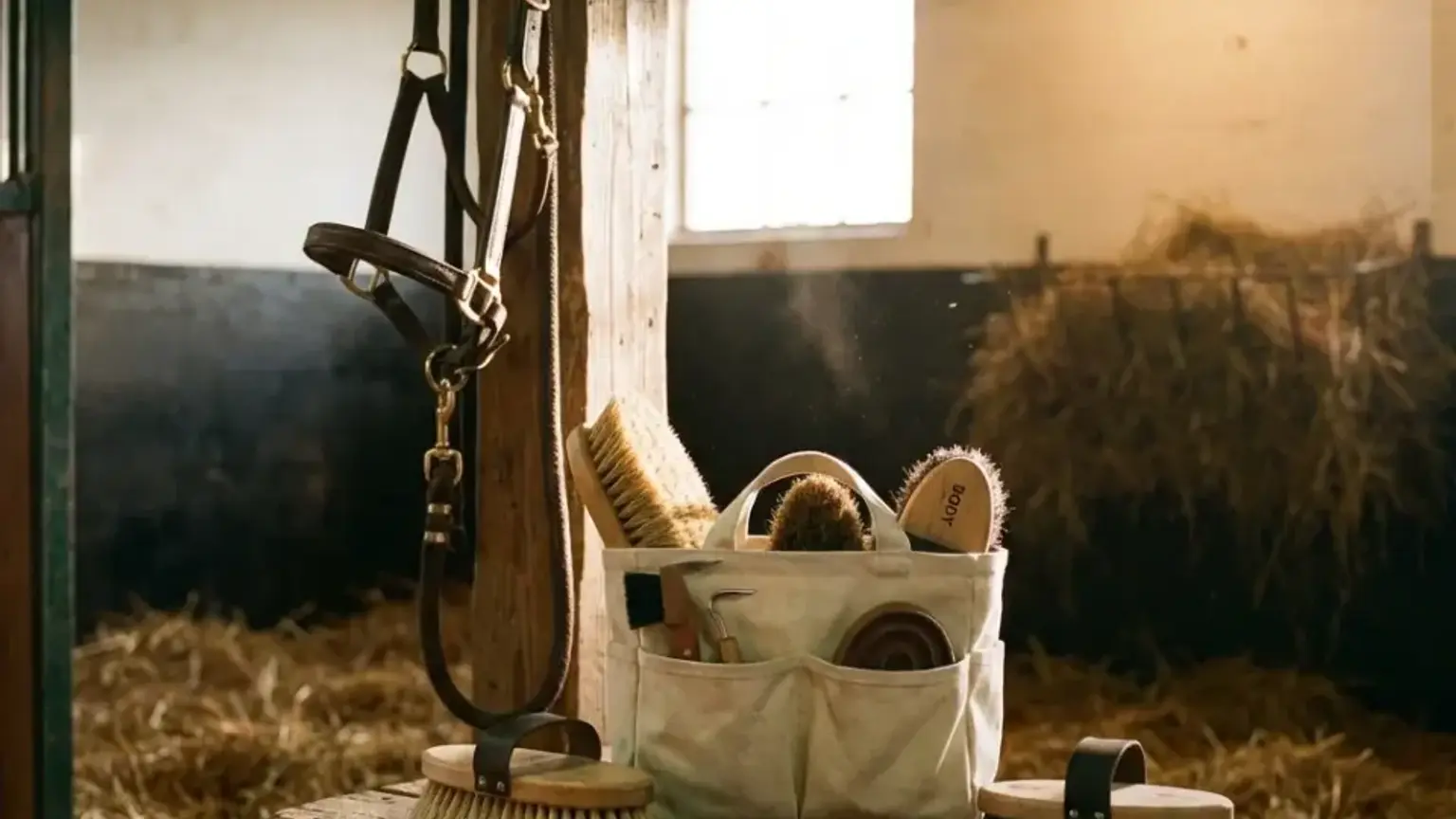 Kind pflegt ein Pony im trockenen Stall.