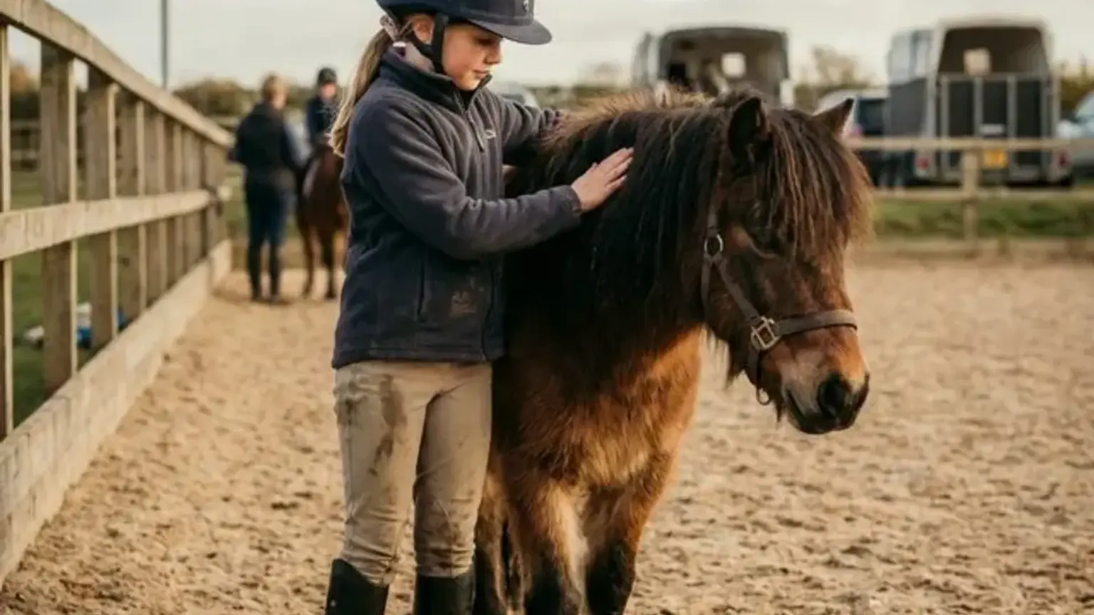 Reiterin steht neben ihrem Pferd nach einem Sturz auf dem Reitplatz
