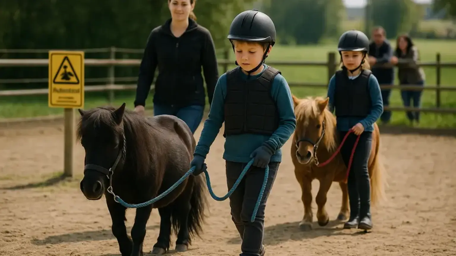 Ein Kind trägt Schutzkleidung auf dem Ponyhof.