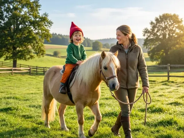 Kind auf einem Pony, Mutter führt es über eine Wiese