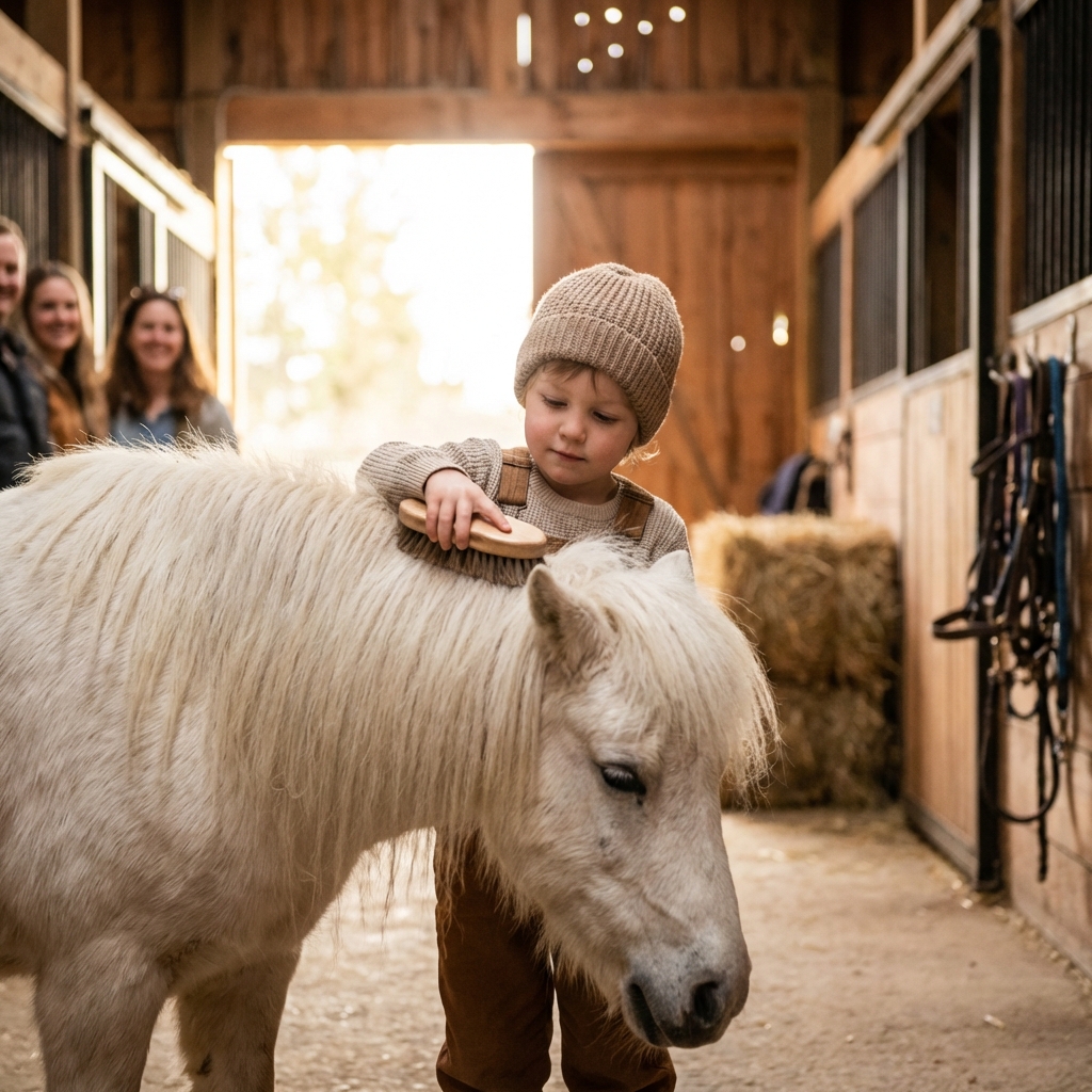 Kind putzt konzentriert ein Pony