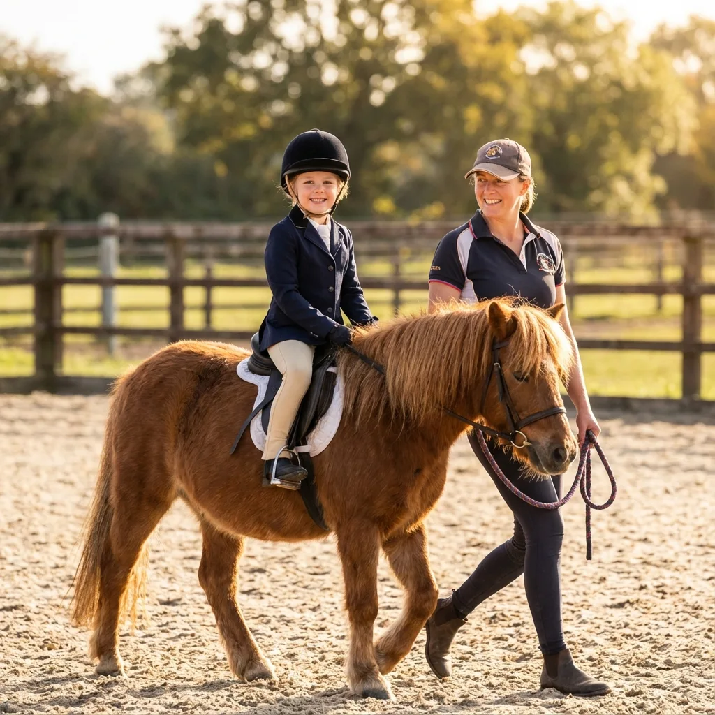 Kind auf einem Pony mit Trainerin