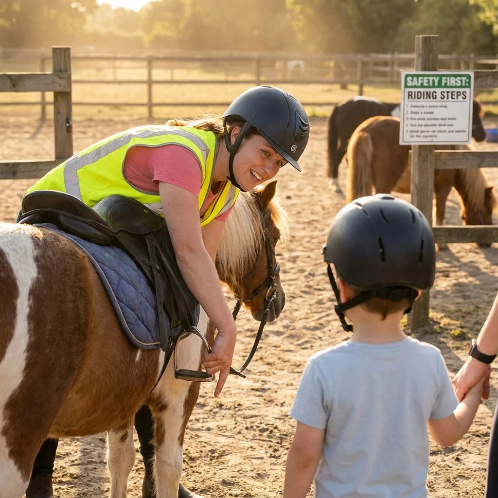 Kind mit Reithelm beim Ponyreiten