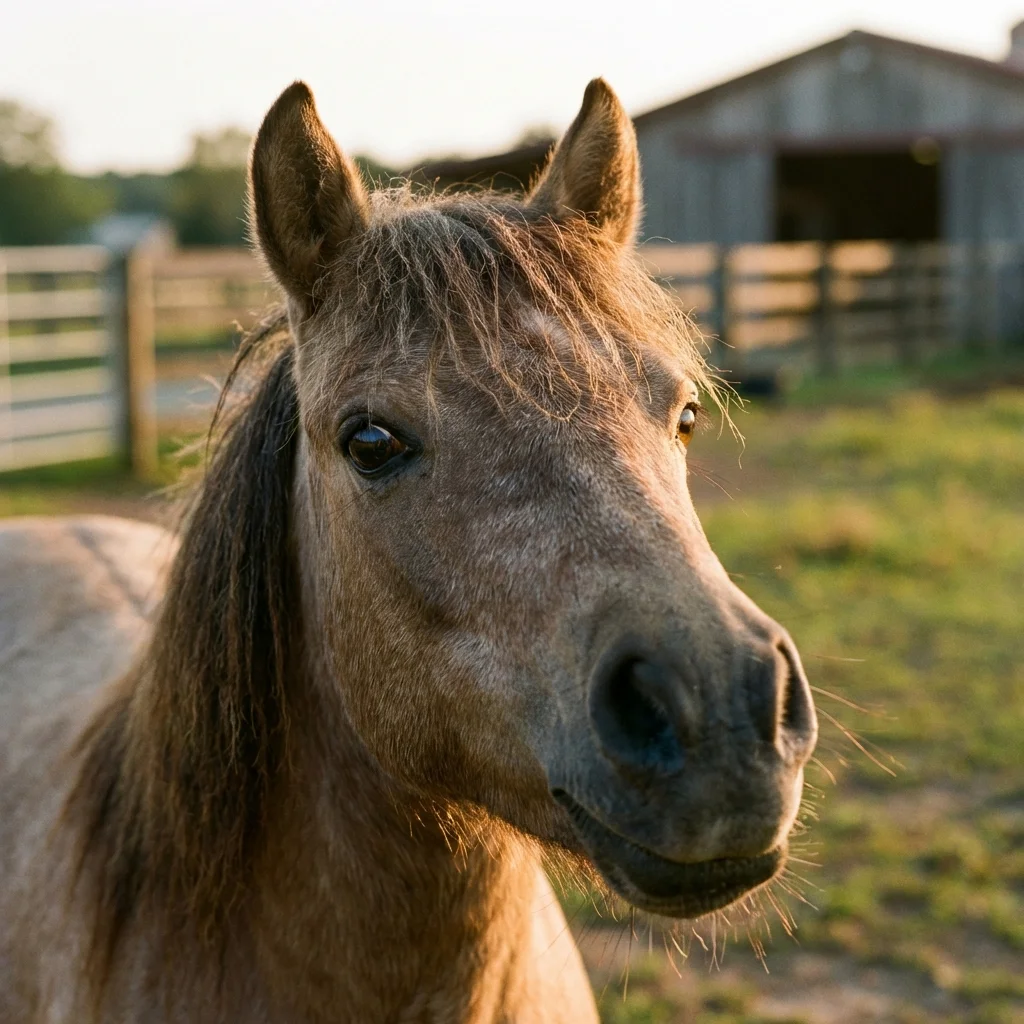 Ein Kind schaut aufmerksam auf die Ohren eines Ponys