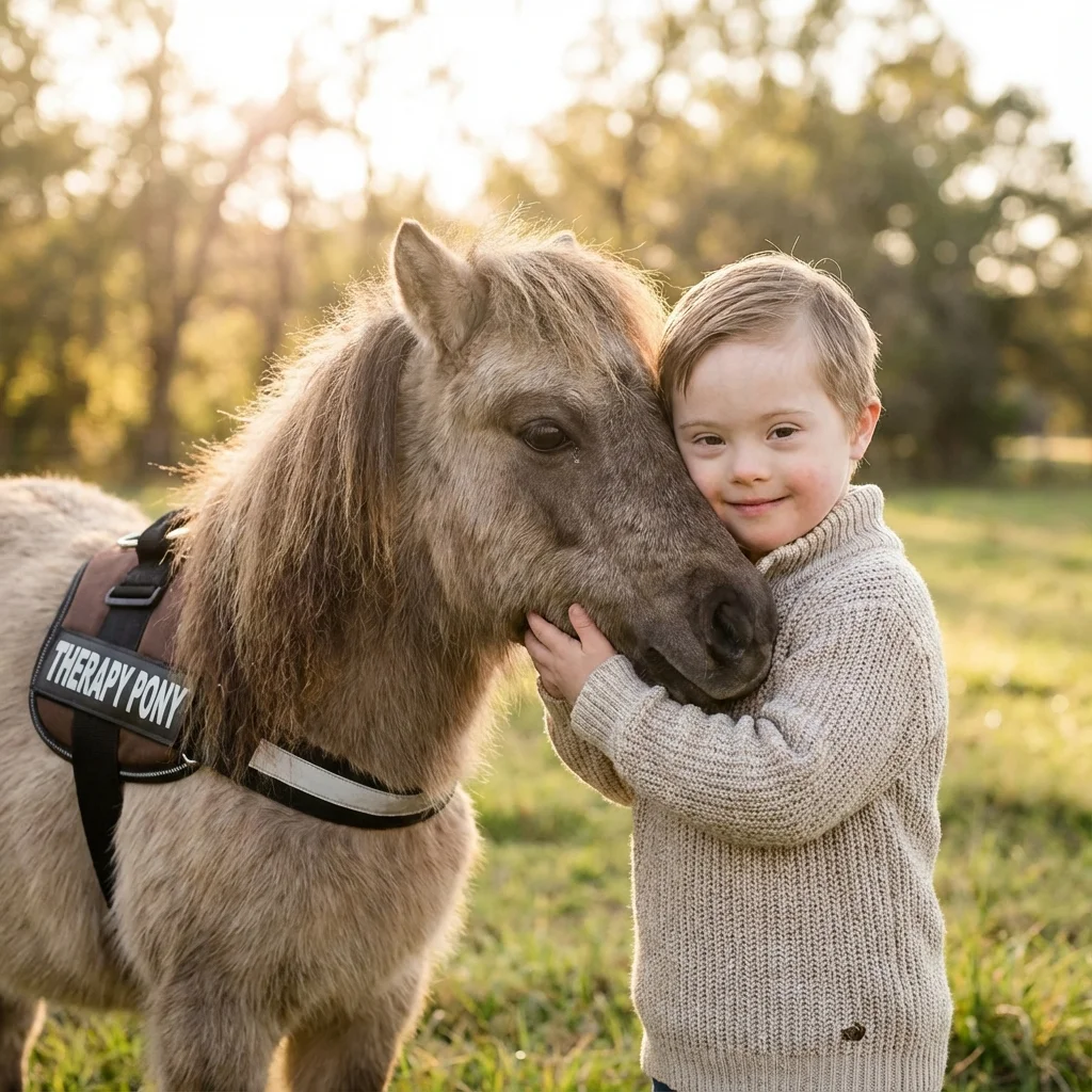 Kind im Rollstuhl wird von einem Trainer beim Führen eines Ponys unterstützt, beide lächeln