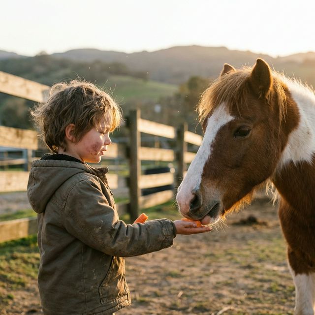 Kind hält einem Pony ein Leckerli auf der flachen Hand hin