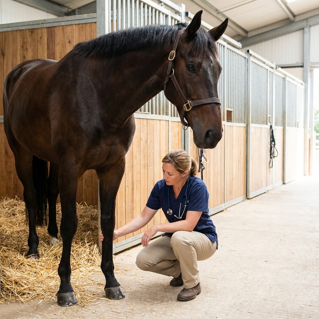 Ein Pony steht aufmerksam im Stall.