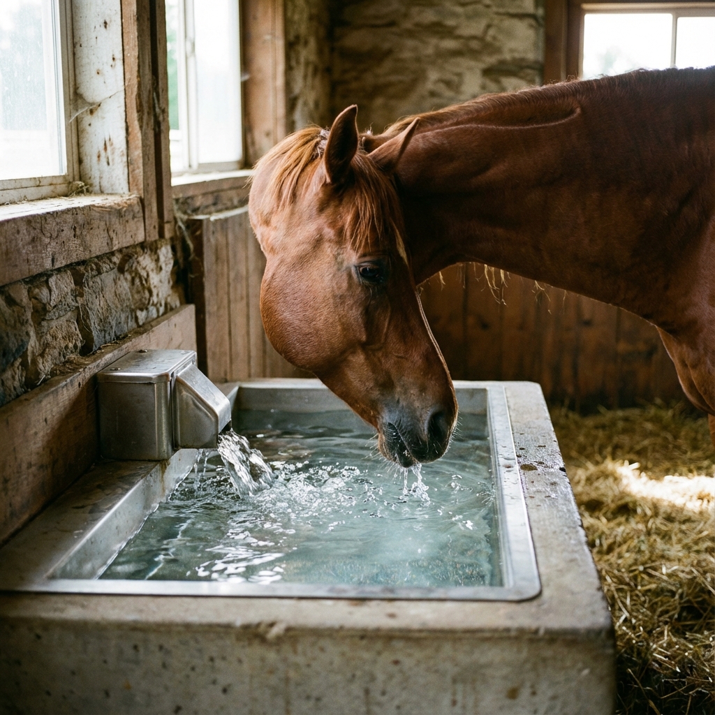 Pferd trinkt aus einer sauberen Wassertränke