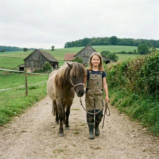 Kind führt ein Pony entspannt am Strick über den Hof