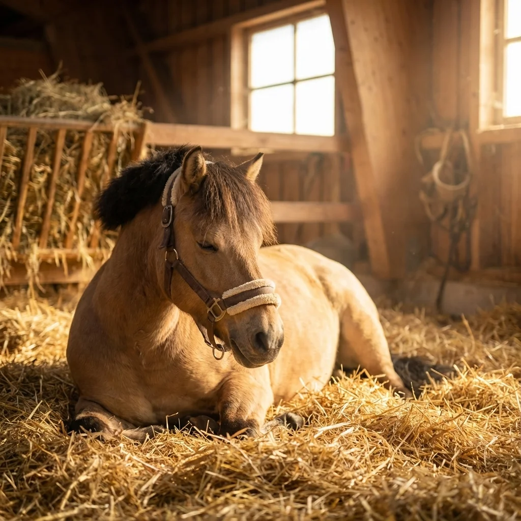 Ein entspanntes Pony ruht im gemütlichen, sonnendurchfluteten Stall.