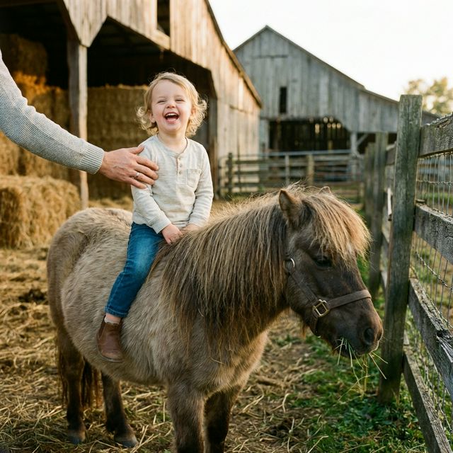 Kleines Kind sitzt glücklich auf einem Shetlandpony