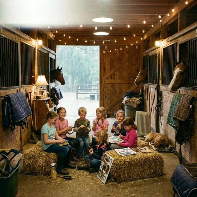 Kinder sitzen bei Regenwetter gemütlich in der Stallgasse eines Ponyhofs zusammen