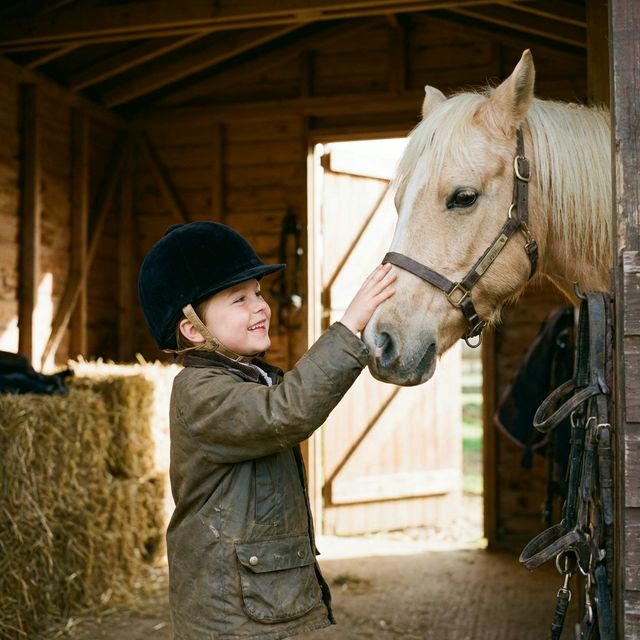 Kind mit Reithelm streichelt ein Pony auf dem Ponyhof